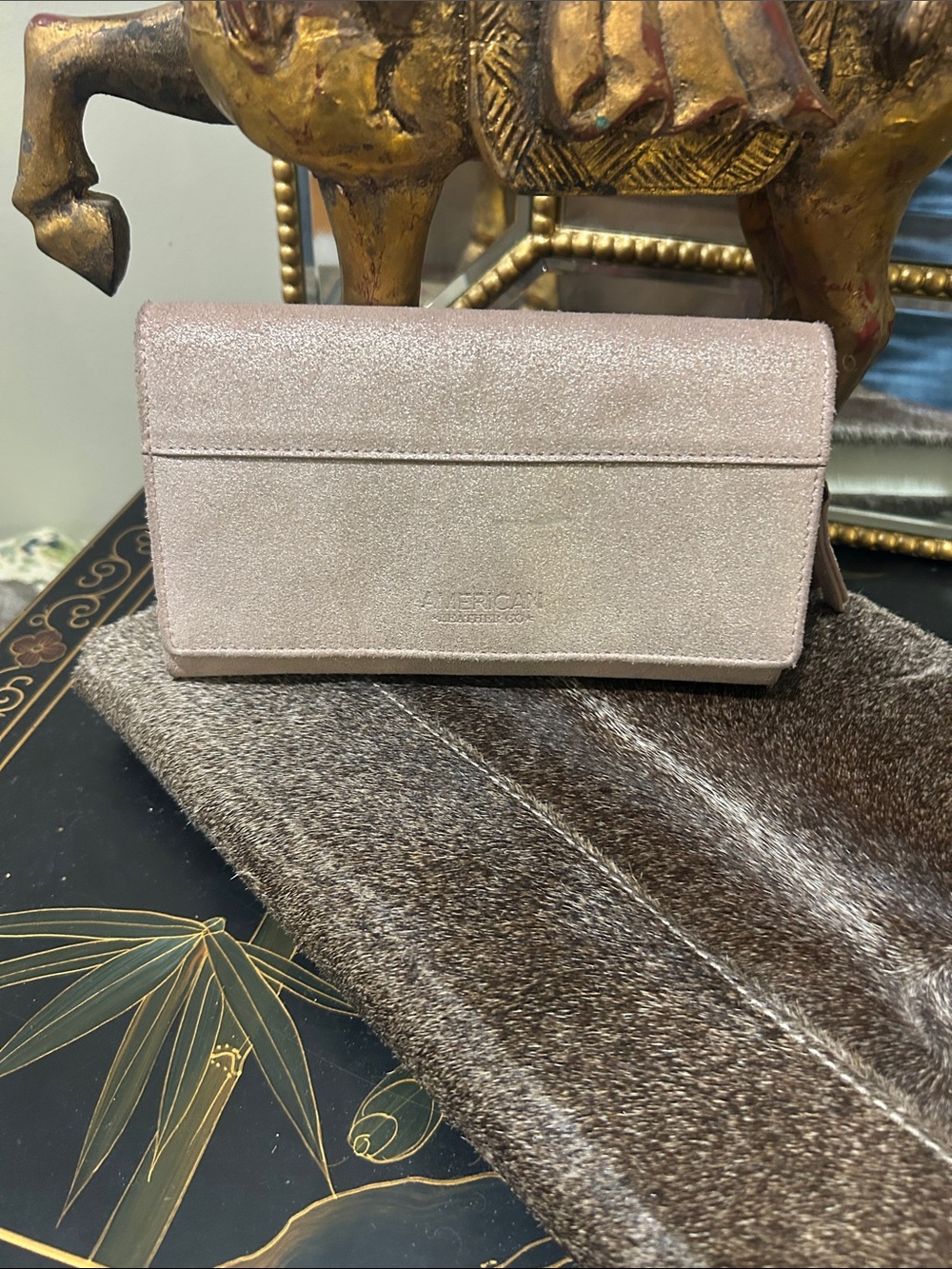 American Leather Co — Shimmery Blush Pink Suede Crossbody Wallet